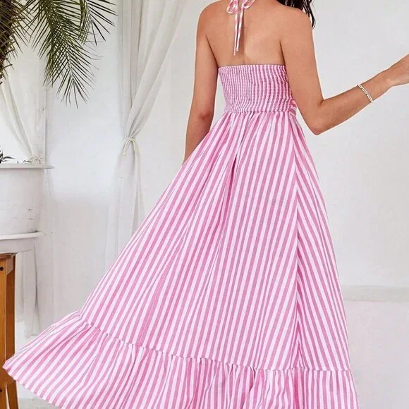 Pink Boho Womens Striped Print Cut Out Ruffle Hem Halter Neck Dress - Picture 2 of 5